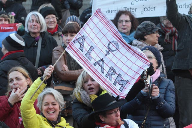 A flash mob demonstrate against racism and sexism in Cologne, Germany in the aftermath of a string of New Year's Eve sexual assaults and robberies