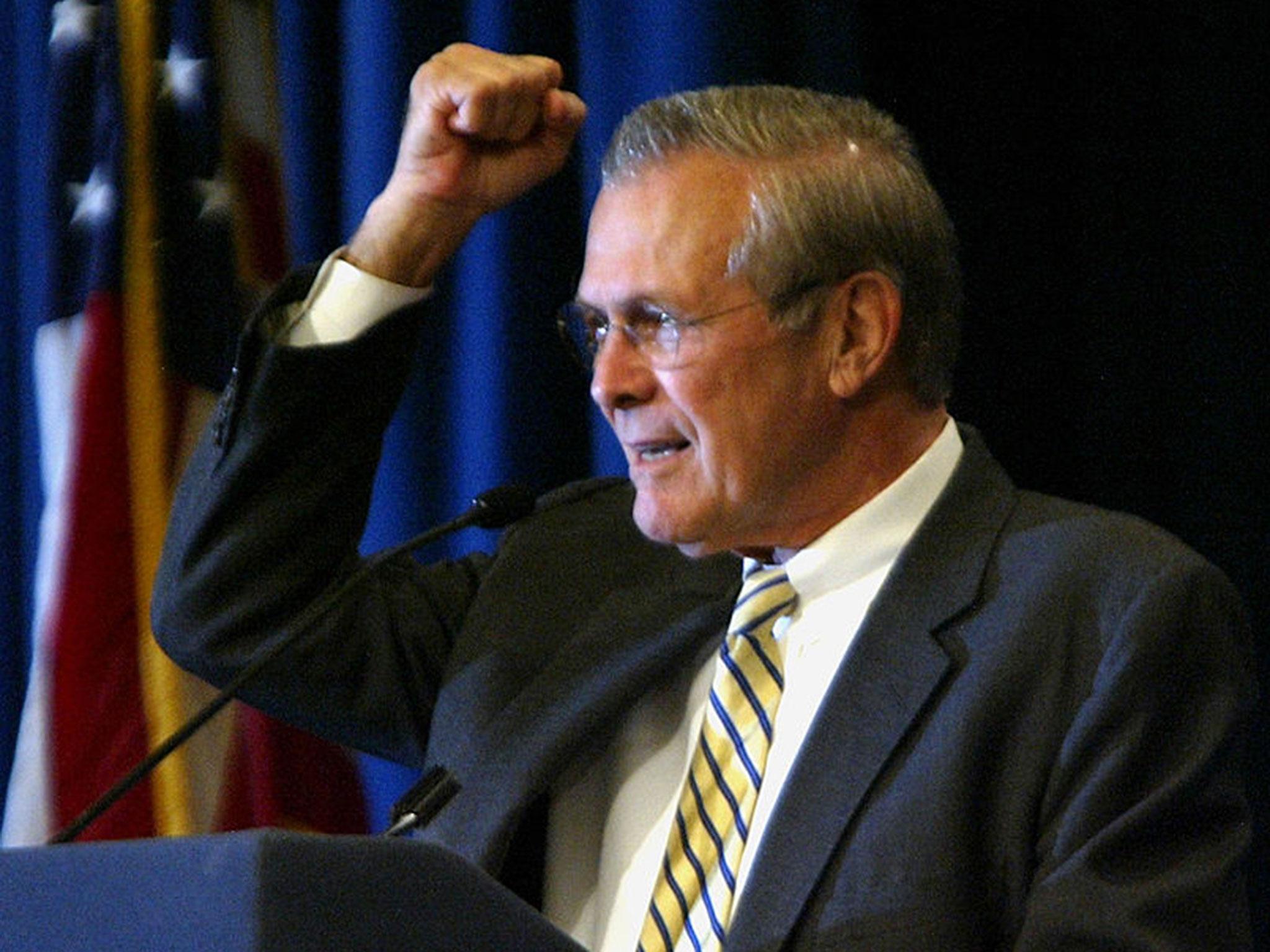 October 2003: Donald Rumsfeld gives a lecture about directing the response to the 9/11 attacks