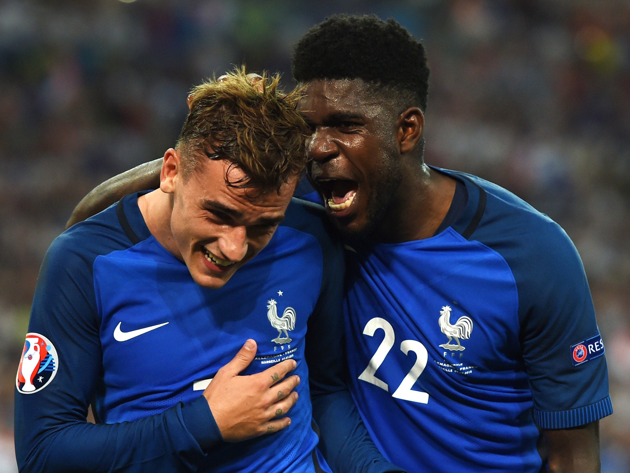 Samuel Umtiti (right) celebrates with Antoine Griezmann during France's 2-0 win over Germany