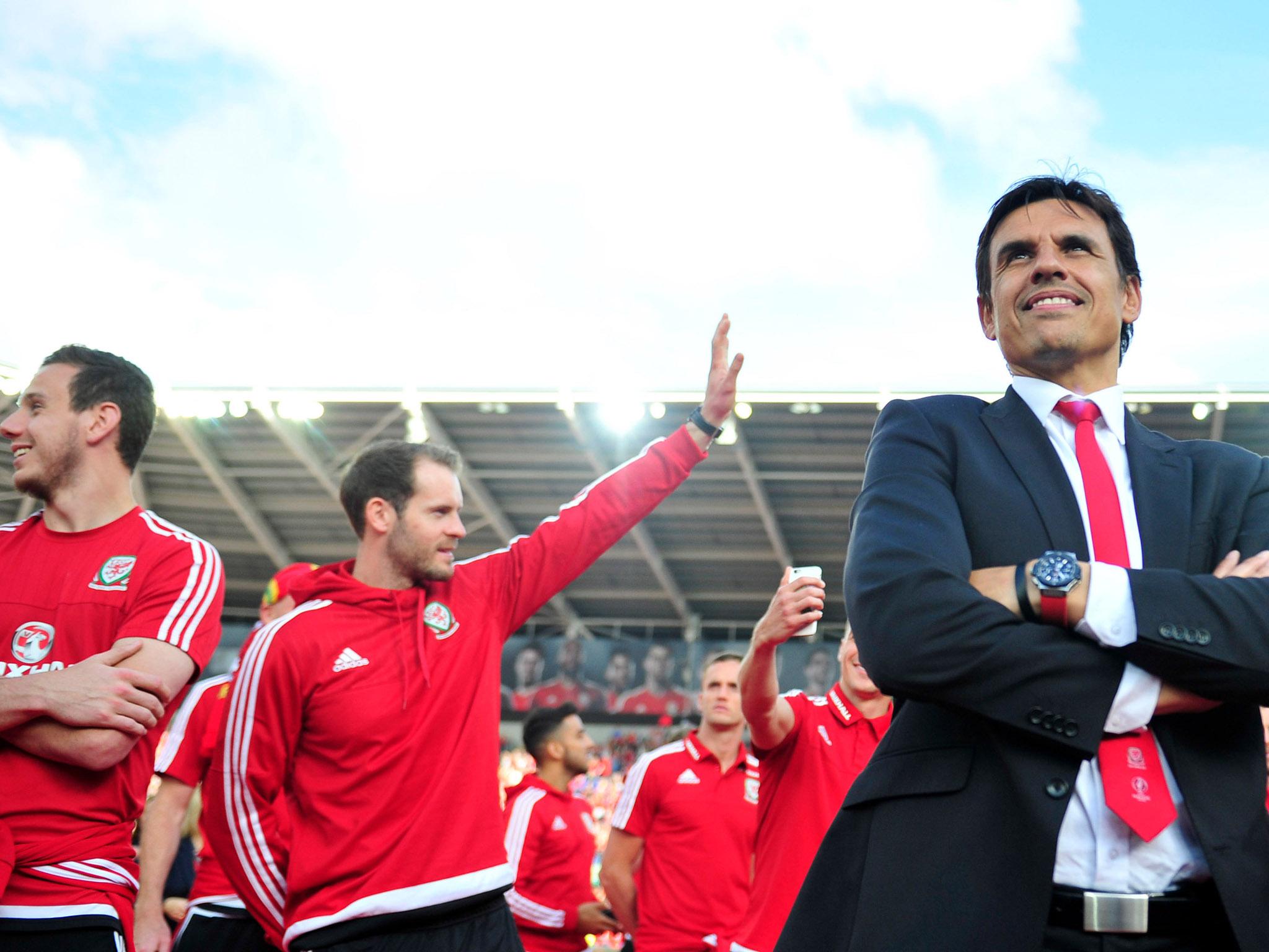 &#13;
Coleman celebrates his teams success at a public celebration at the Cardiff City Stadium &#13;