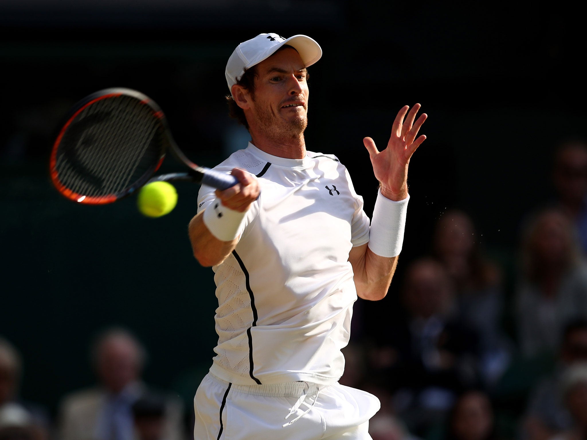 Andy Murray crunches a forehand past Tomas Berdych