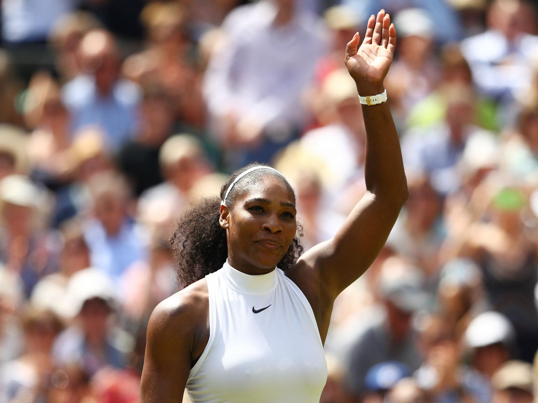 Williams celebrating victory after winning her semi-final match against Elena Vesnina at Wimbledon