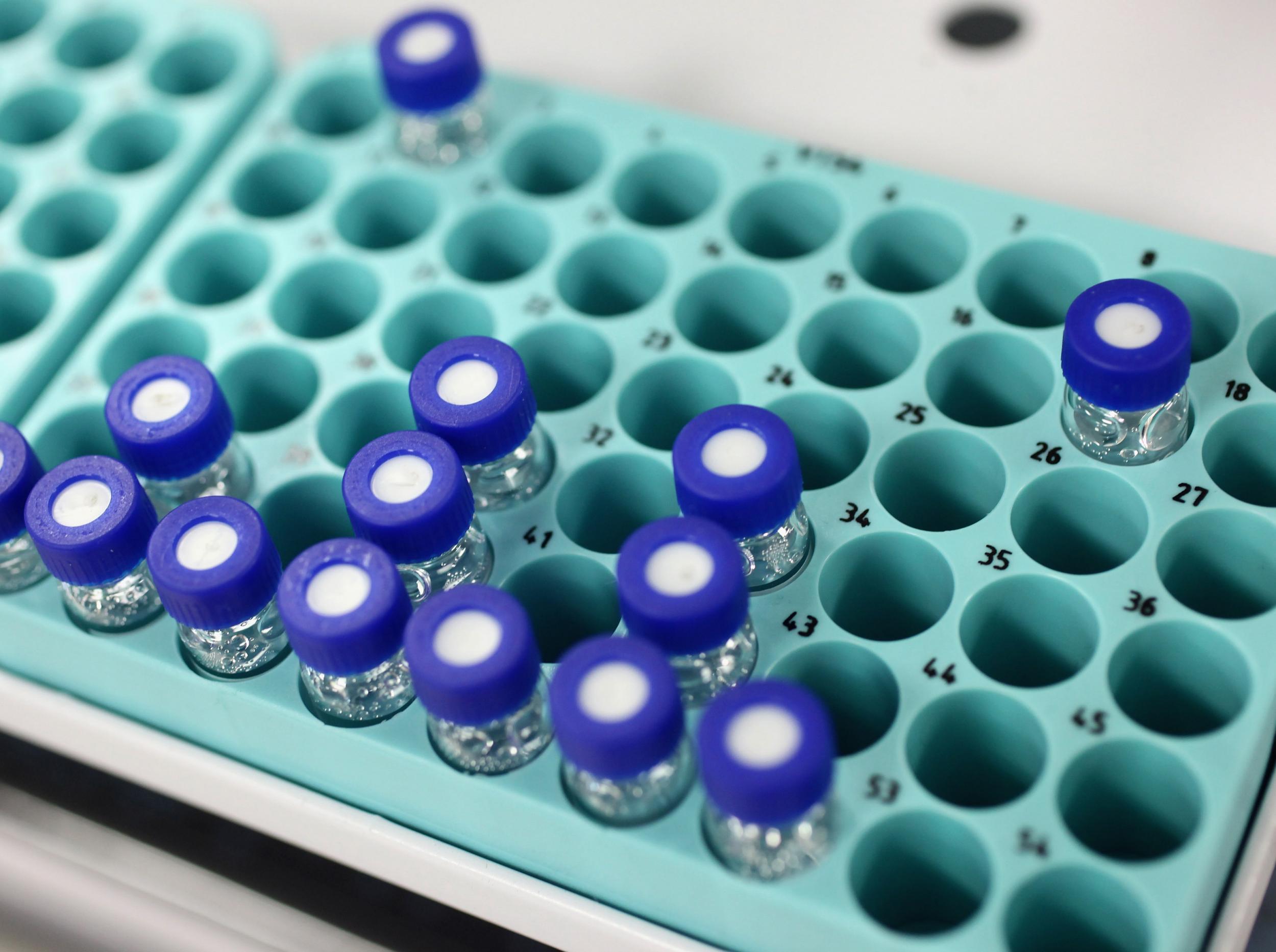 A tray of samples in the London 2012 Olympics anti-doping laboratory