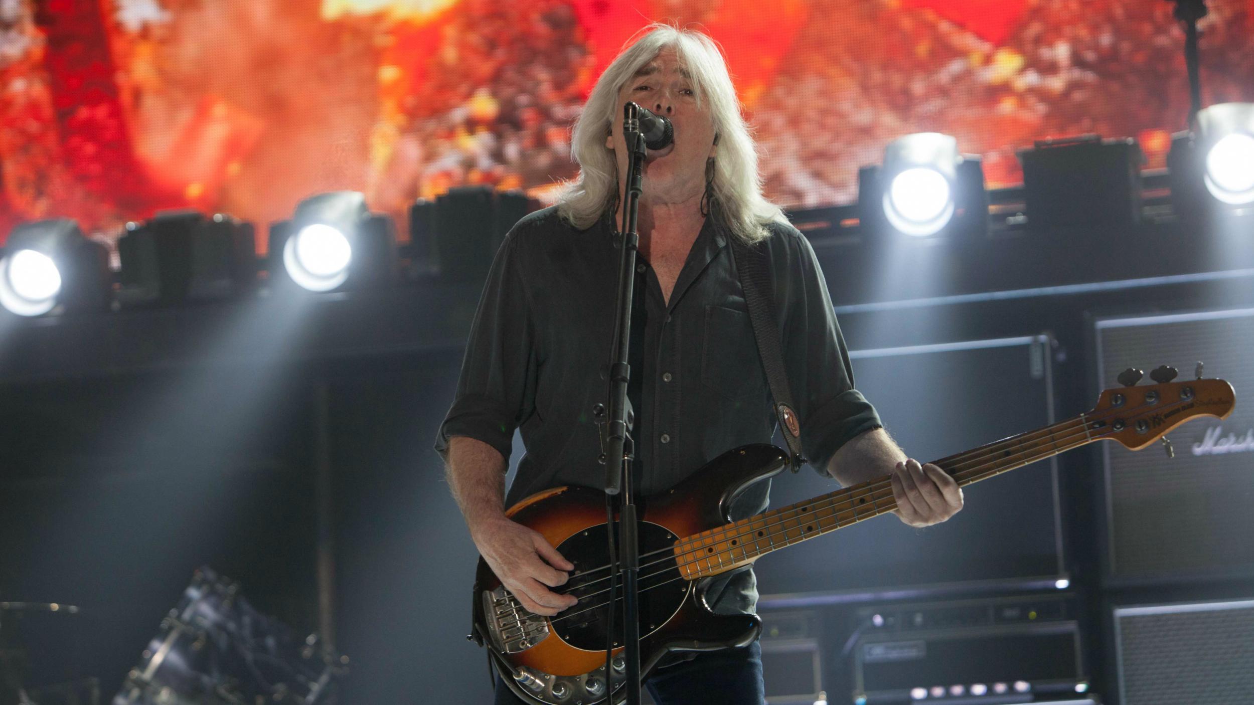 AC/DC's Cliff Williams playing at the Pepsi Center in Denver, USA
