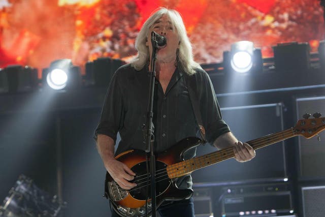 AC/DC's Cliff Williams playing at the Pepsi Center in Denver, USA