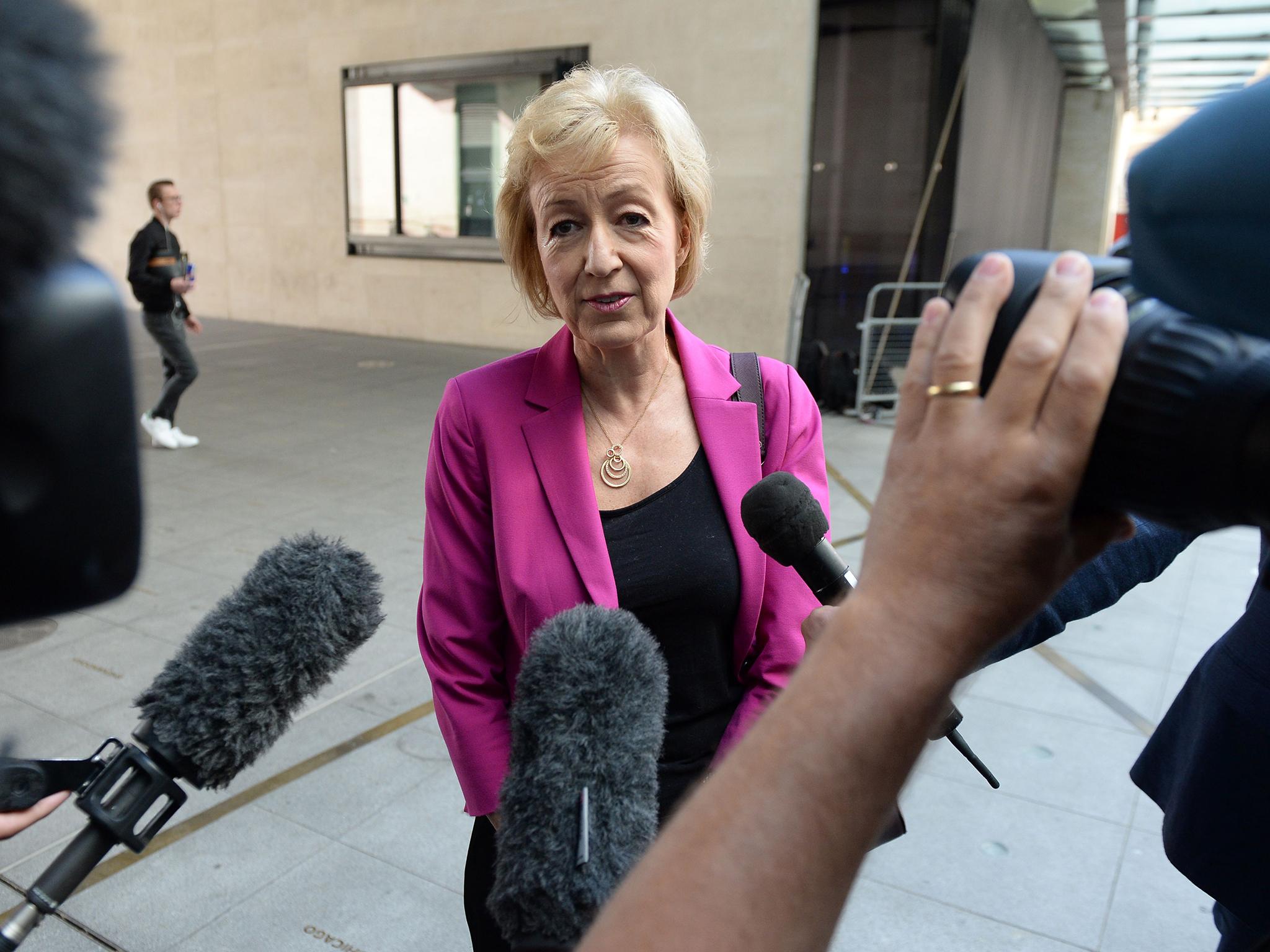 Andrea Leadsom speaks to the media as she arrives at the BBC's Broadcasting House in London to appear on ‘The Andrew Marr Show’