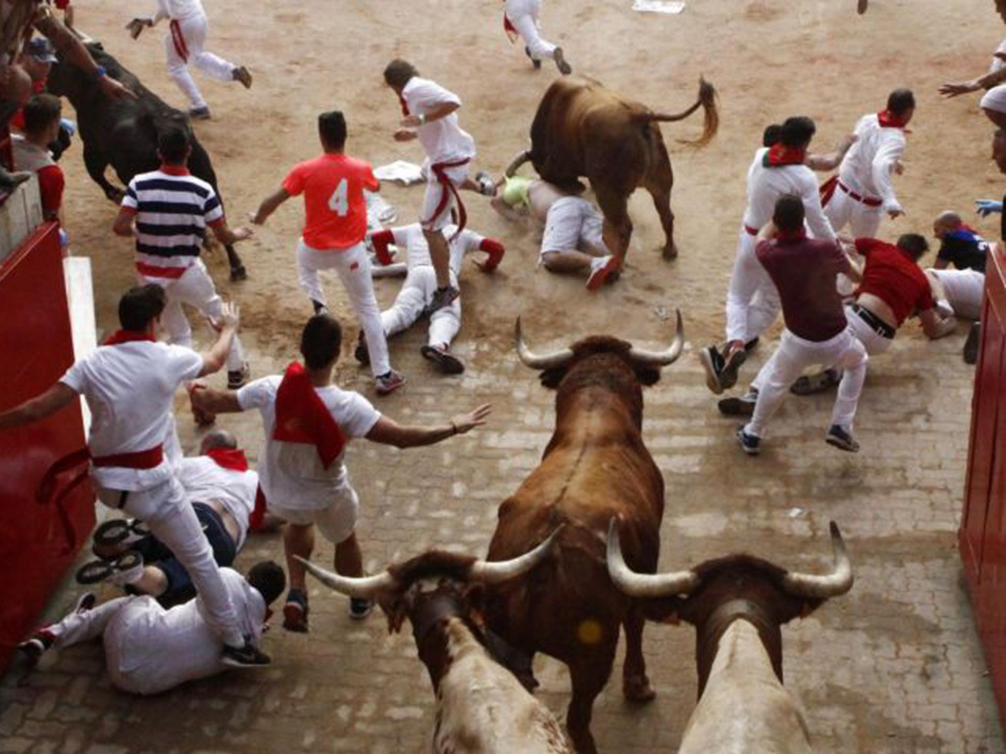 Bulls chase runners during the annual Pamplona festival in 2016