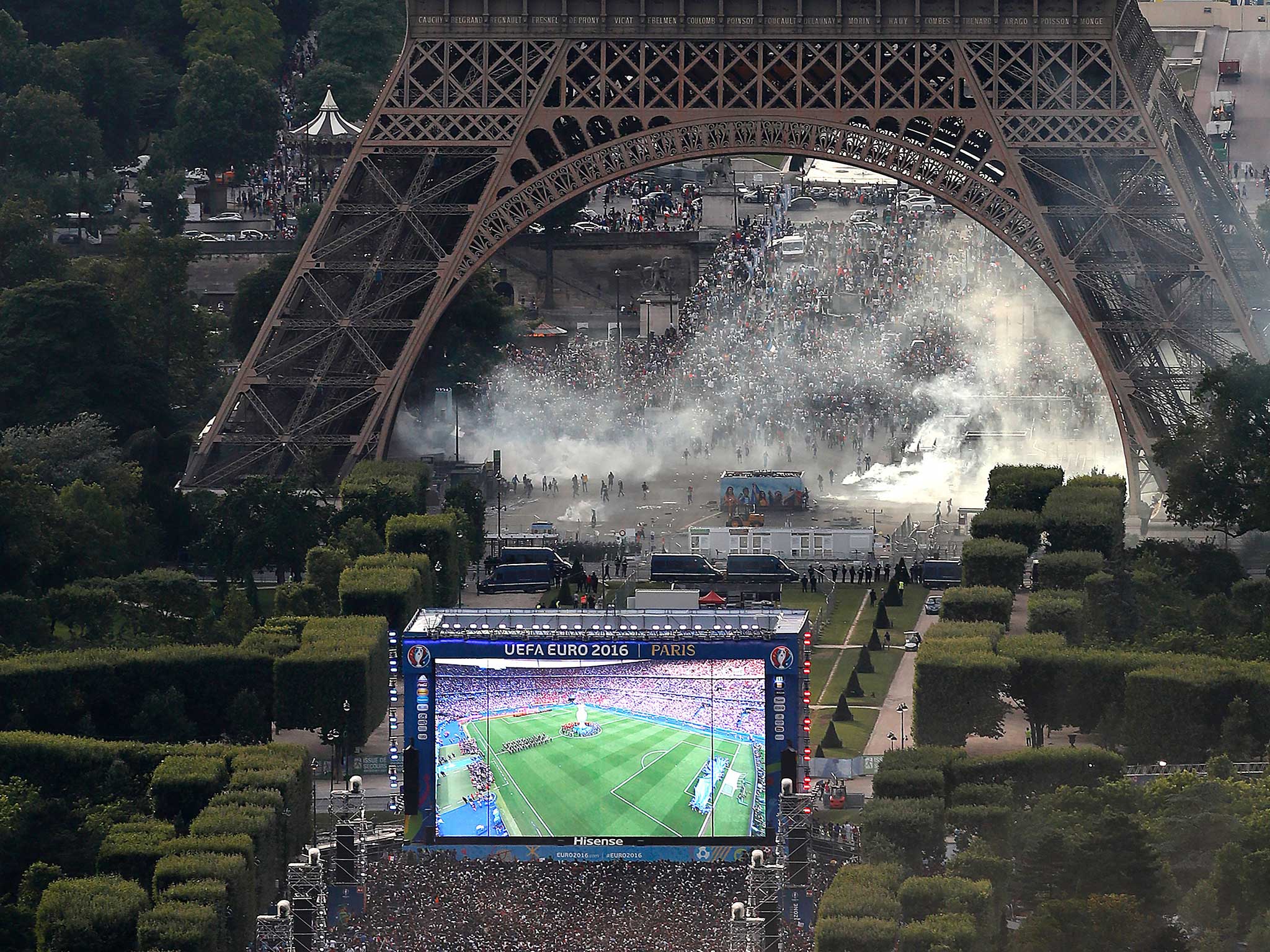 Chaos at the Eiffel Tower as violence erupts following France's Euro 2016 defeat