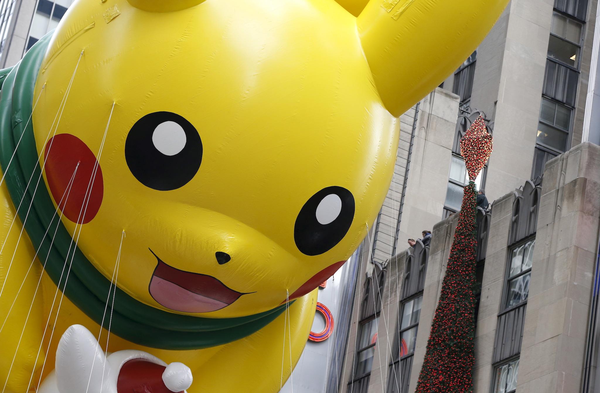 The Pokemon "Pikachu" float makes its way down 6th avenue during the 89th Macy's Thanksgiving Day Parade in Manhattan