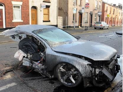 Joseph Brown-Lartey's wrecked car after he was involved in a collision in Rochdale