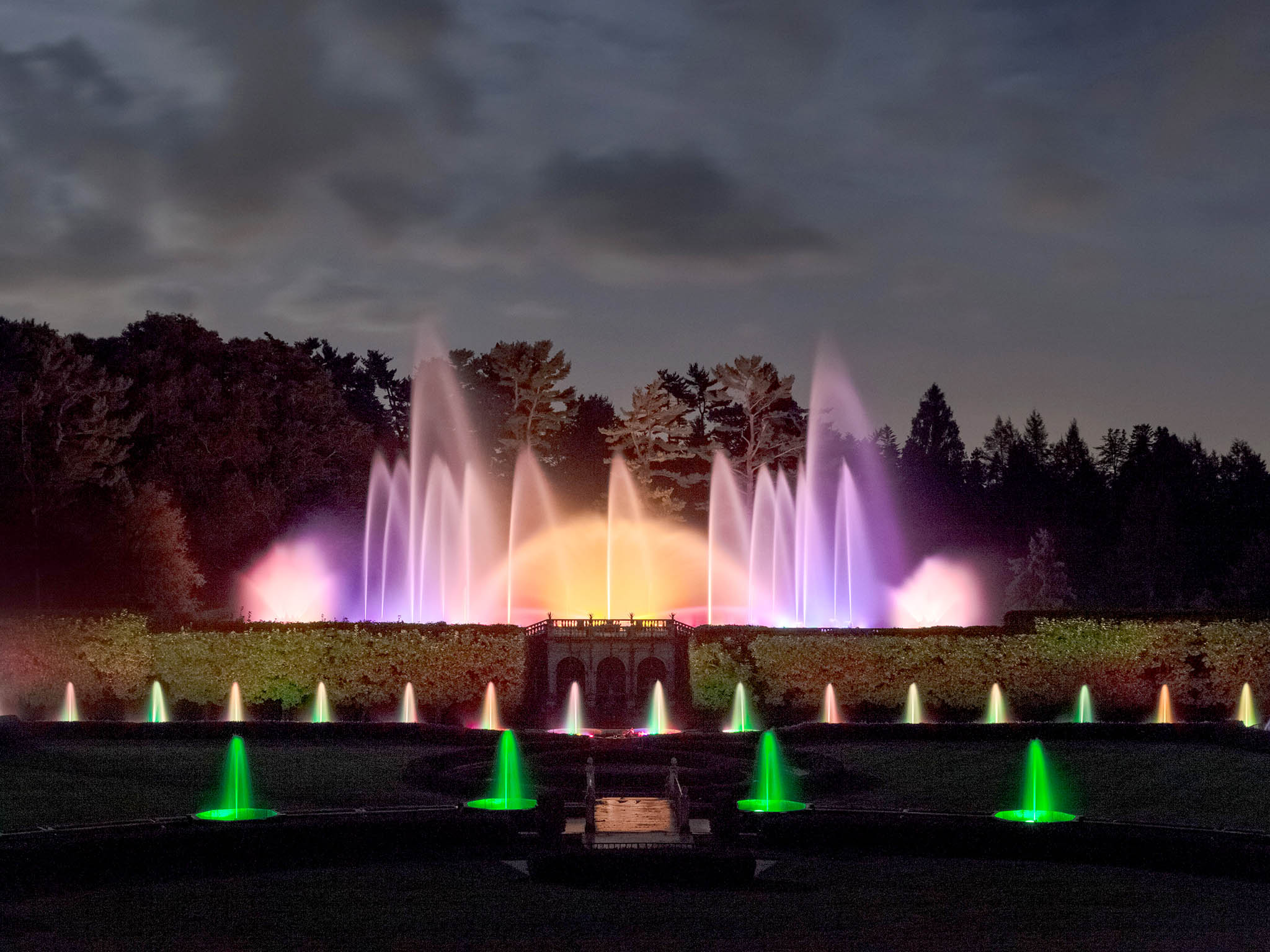 Rainbow-coloured plumes appear during a summer show at Longwood Gardens. The Main Fountain Garden is getting a £69m overhaul, with "dancing" water effects, LED lights and even fire