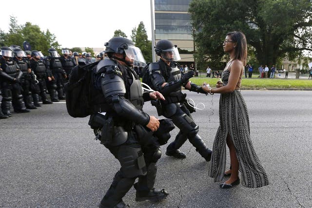 The now iconic photo of Ieshia Evans, who was confronted by police officers during a protest in Baton Rouge, Louisiana