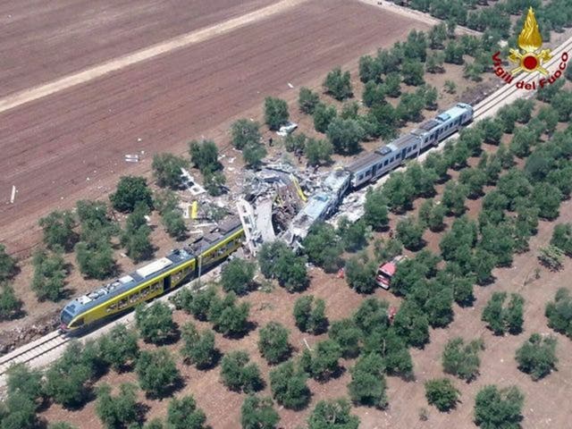 The two trains collided on a single-track stretch between Ruvo di Puglia and Corato, southern Italy, 12 July 2016
