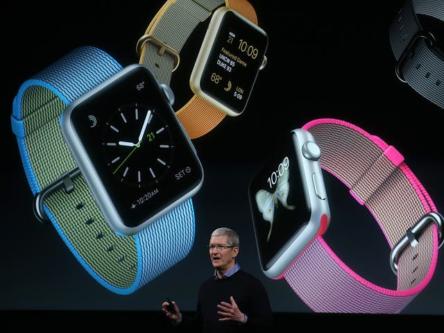 Apple CEO Tim Cook speaks about the Apple Watch during a special event at the company’s headquarters in California in March, 2016