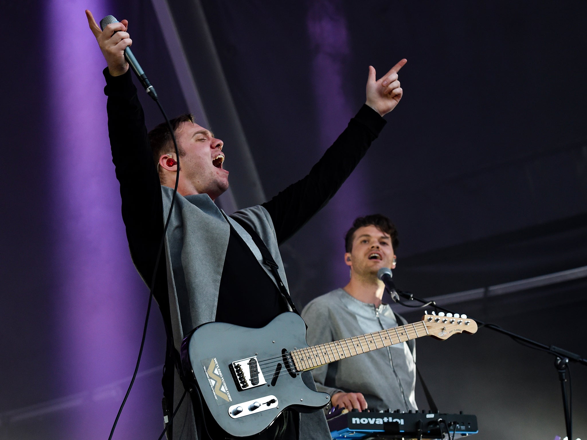 Jonathan Higgs (left) and Jeremy Pritchard from Everything Everything perform at Somerset House’s Summer Series