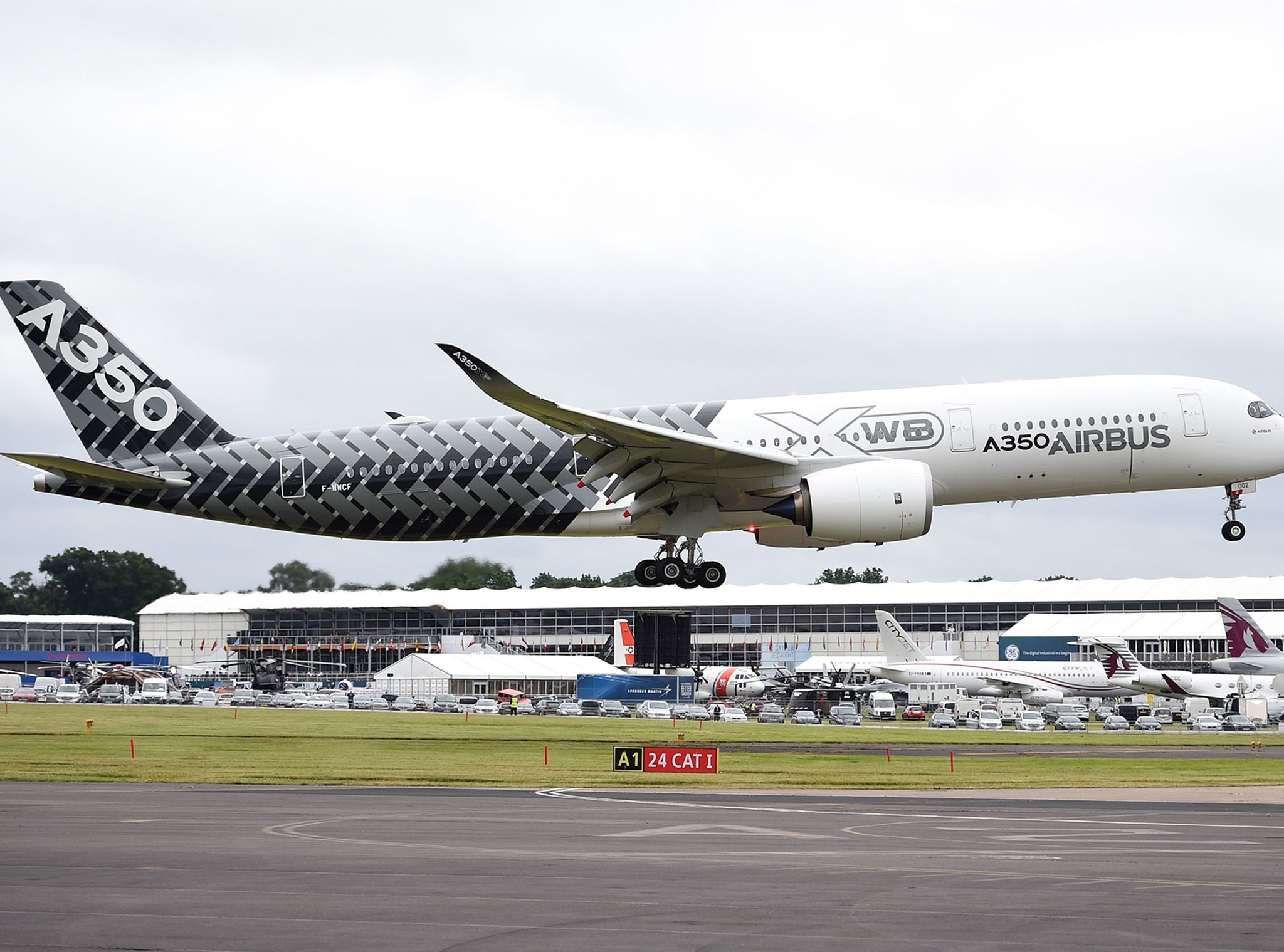 A new Airbus A350 carrying Sir Richard Branson lands at the Farnborough International Airshow in Hampshire.