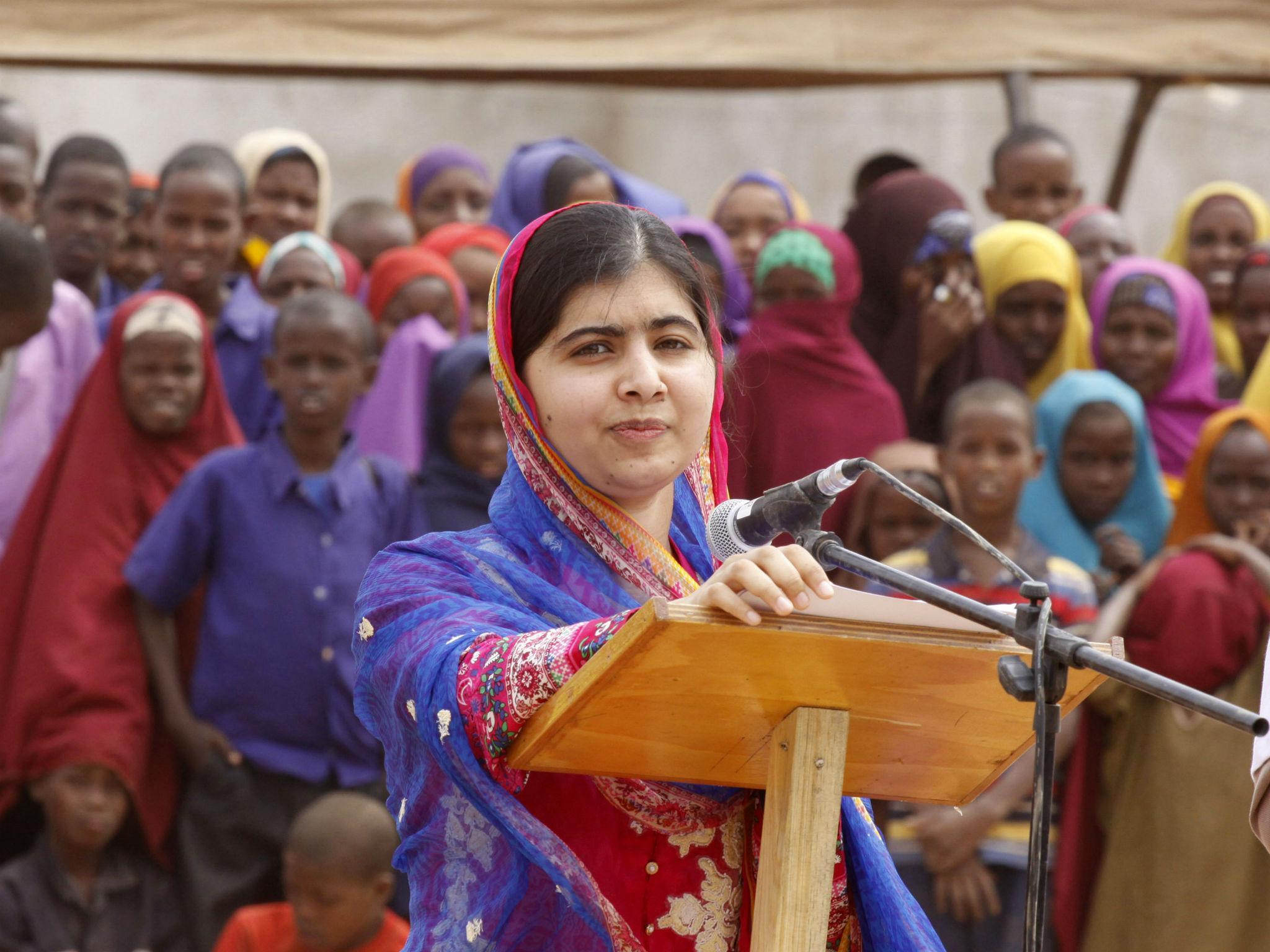 Malala speaks to refugees in the Dadaab refugee camp, Kenya