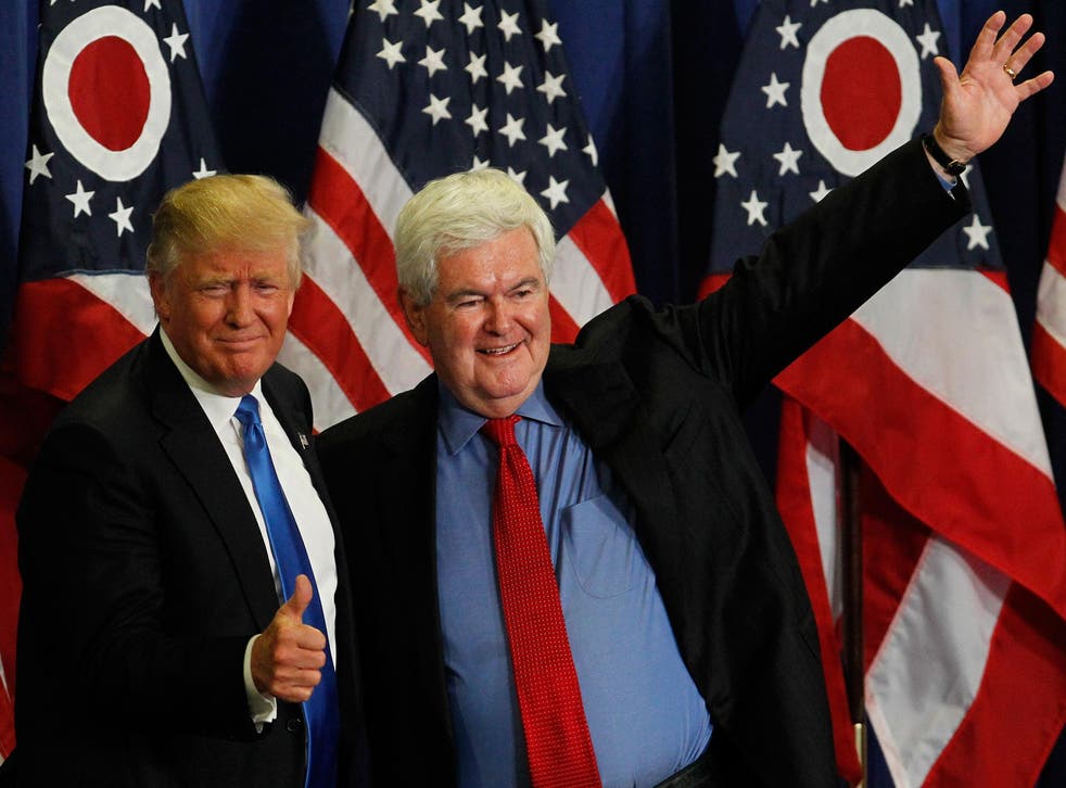 Former Speaker of the House Newt Gingrich introduces Republican Presidential candidate Donald Trump during a rally at the Sharonville Convention Center July 6, 2016, in Cincinnati, Ohio