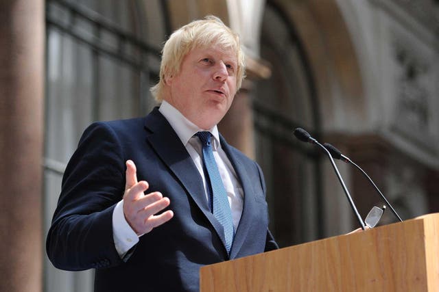 Foreign Secretary Boris Johnson addresses staff inside the Foreign Office in London