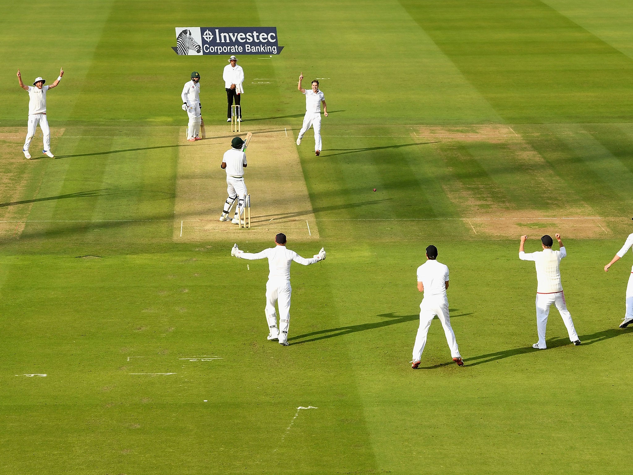 Rahat Ali chops on from the final delivery of the day to give Chris Woakes his fourth wicket