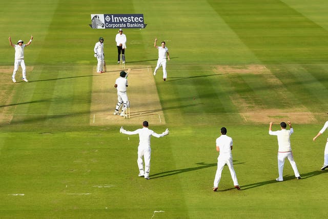 Rahat Ali chops on from the final delivery of the day to give Chris Woakes his fourth wicket