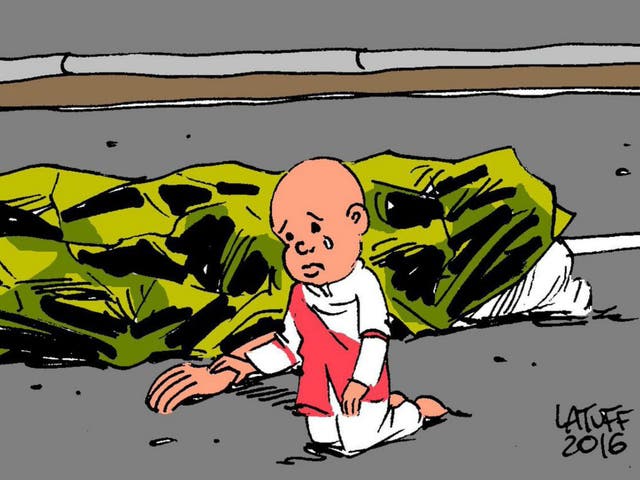 Brazilian political cartoonist Carlos Latuff shared this cartoon in the wake of the Bastille Day terror attack in Nice