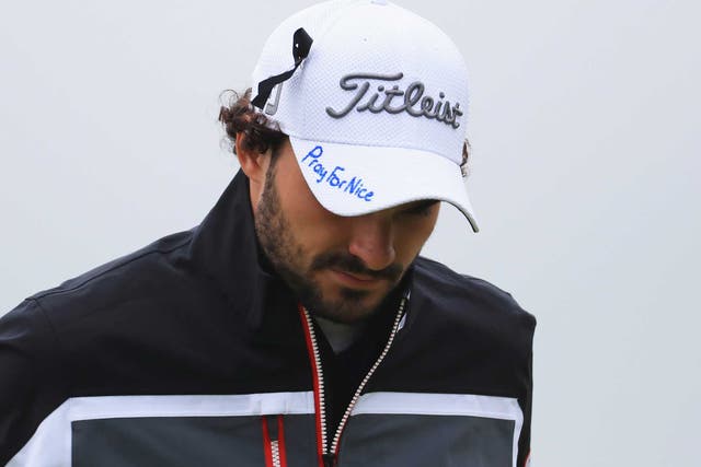 France's Clement Sorbet reveals his cap at the Open which reads: 'Pray for Nice'