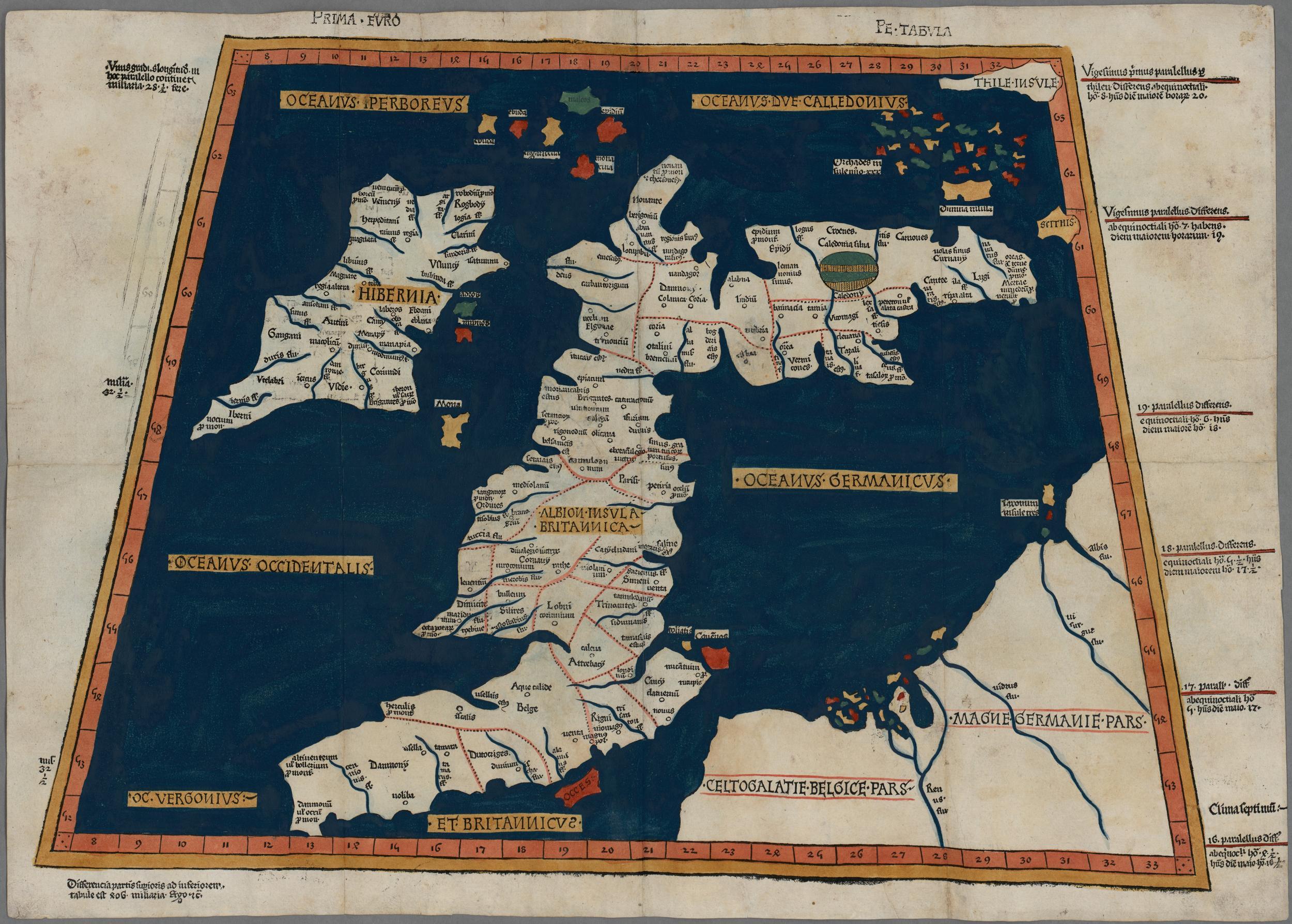 Prima Europe tabula. A copy of Ptolemy’s 2nd-century map of Roman Britain