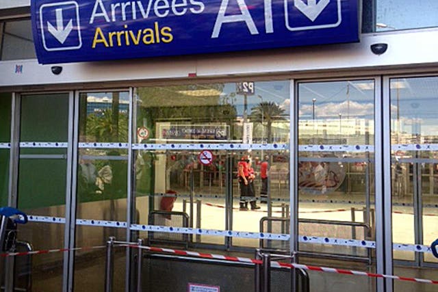A view onto the closed entrance to Nice airport in France after it was evacuated
