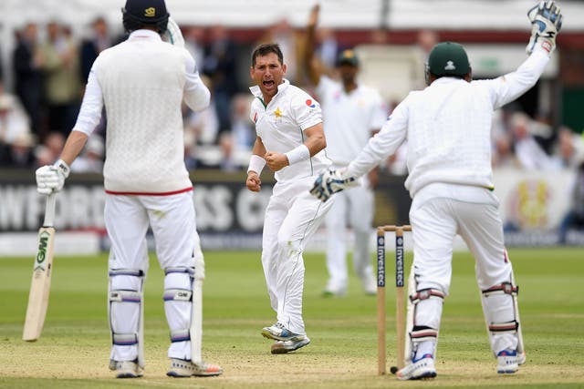 Yasir Shah celebrates another wicket on day two at Lord's