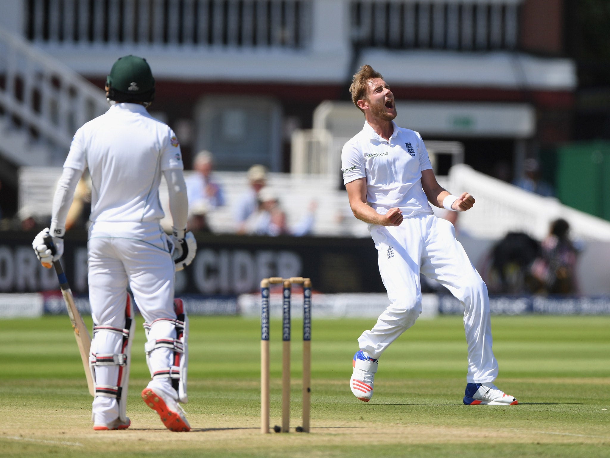 Stuart Broad celebrates taking the wicket of Mohammad Hafeez