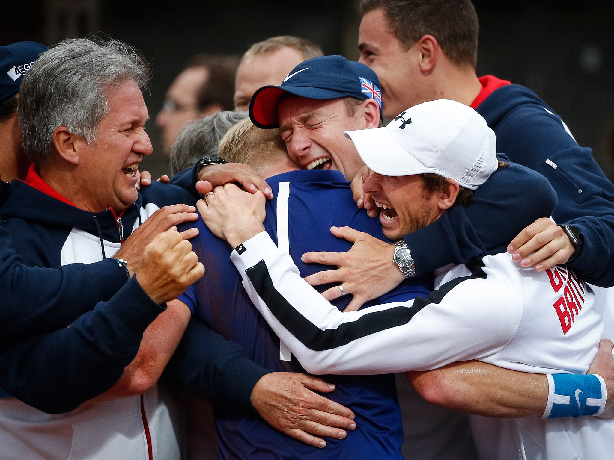 Great Britain's Davis Cup side celebrate after Kyle Edmund beats Dusan Lajovic to secure victory over Serbia