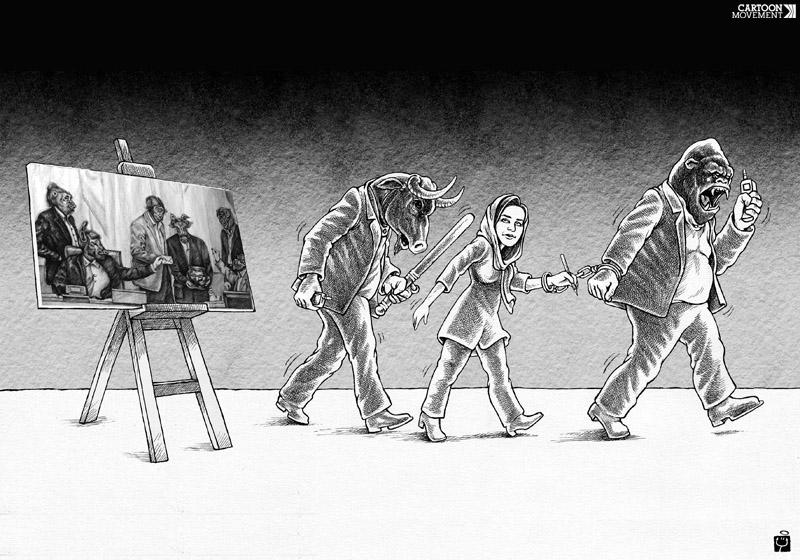 &#13;
Artists responded to Farghadani’s imprisonment last year with protest cartoons using the hashtag ‘Draw4Atena’ (Shahrokh Heidari/Cartoon Movement)&#13;