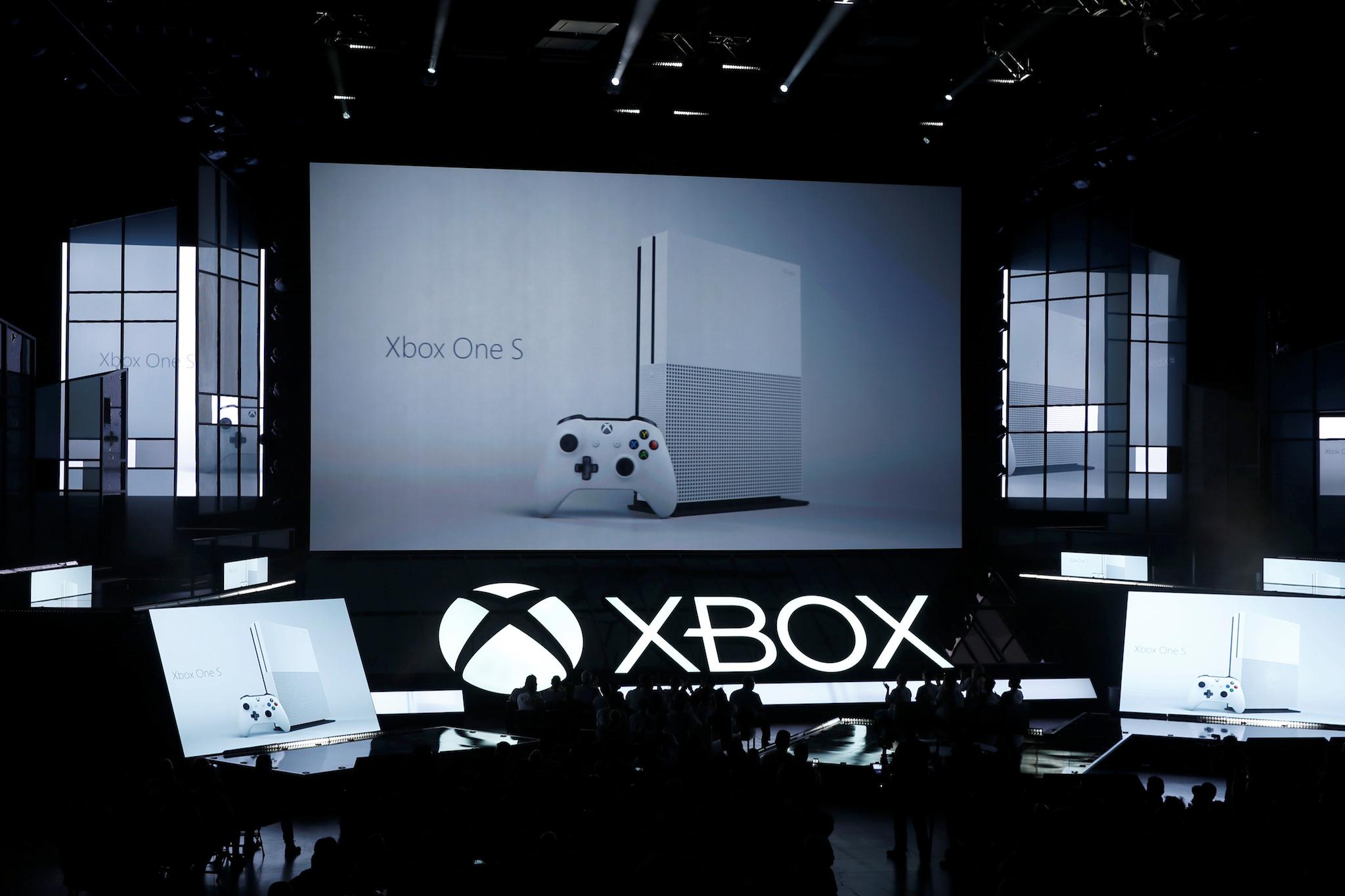 Microsoft displays its Xbox One S console at the Xbox E3 2016 media briefing in Los Angeles, California, U.S., June 13, 2016