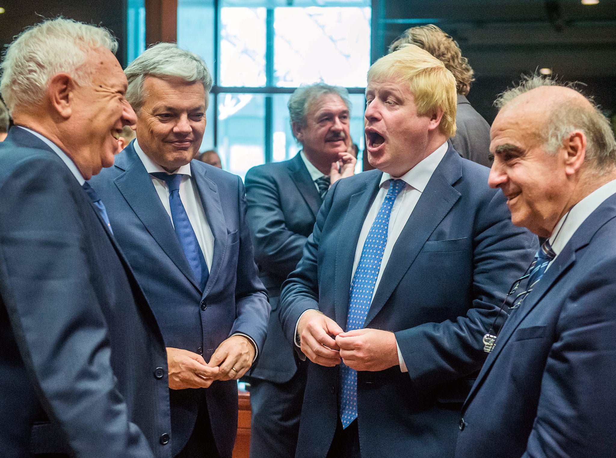 (L-R) Spanish Foreign Minister Jose Manuel Garcia-Margallo, Belgian Foreign Minister Didier Reynders, British Foreign Secretary Boris Johnson and Maltese Foreign Minister George Vella talk during an EU Foreign Affairs Council