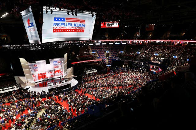 The convention is being held in Cleveland's Quicken Loans Arena, home to the Cavaliers, who recently won the NBA championship