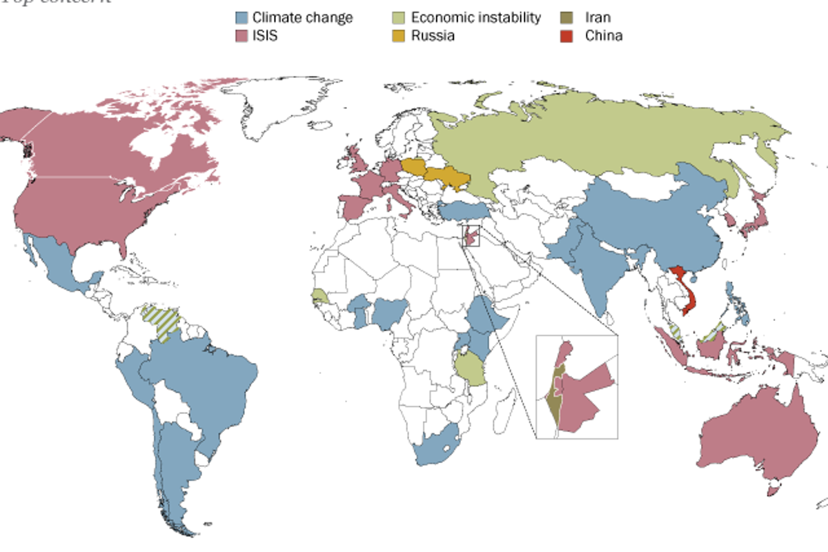 This map shows what different countries view as the greatest threat to ...