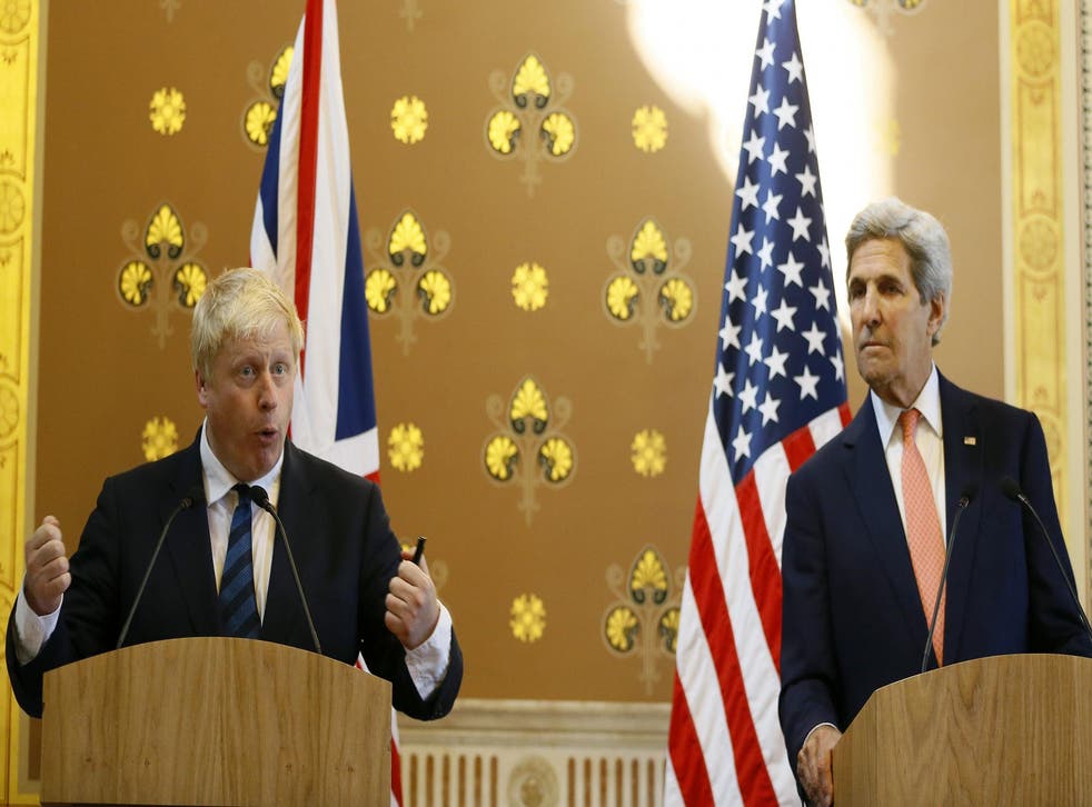 Foreign Secretary Boris Johnson, left, and US secretary of state John Kerry hold a press conference at the Foreign Office in London.