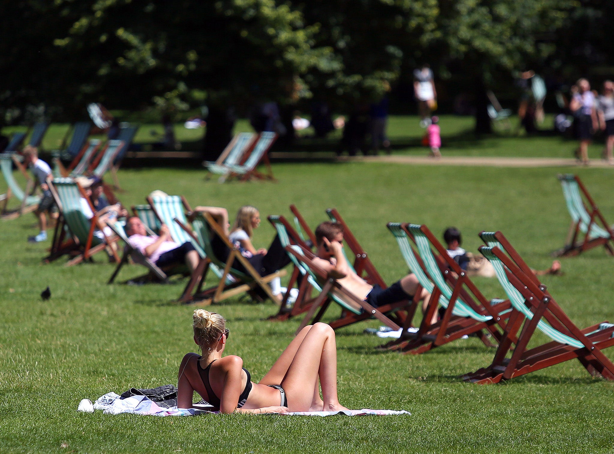 Sunbathers enjoy the hot weather in St James' Park in central London