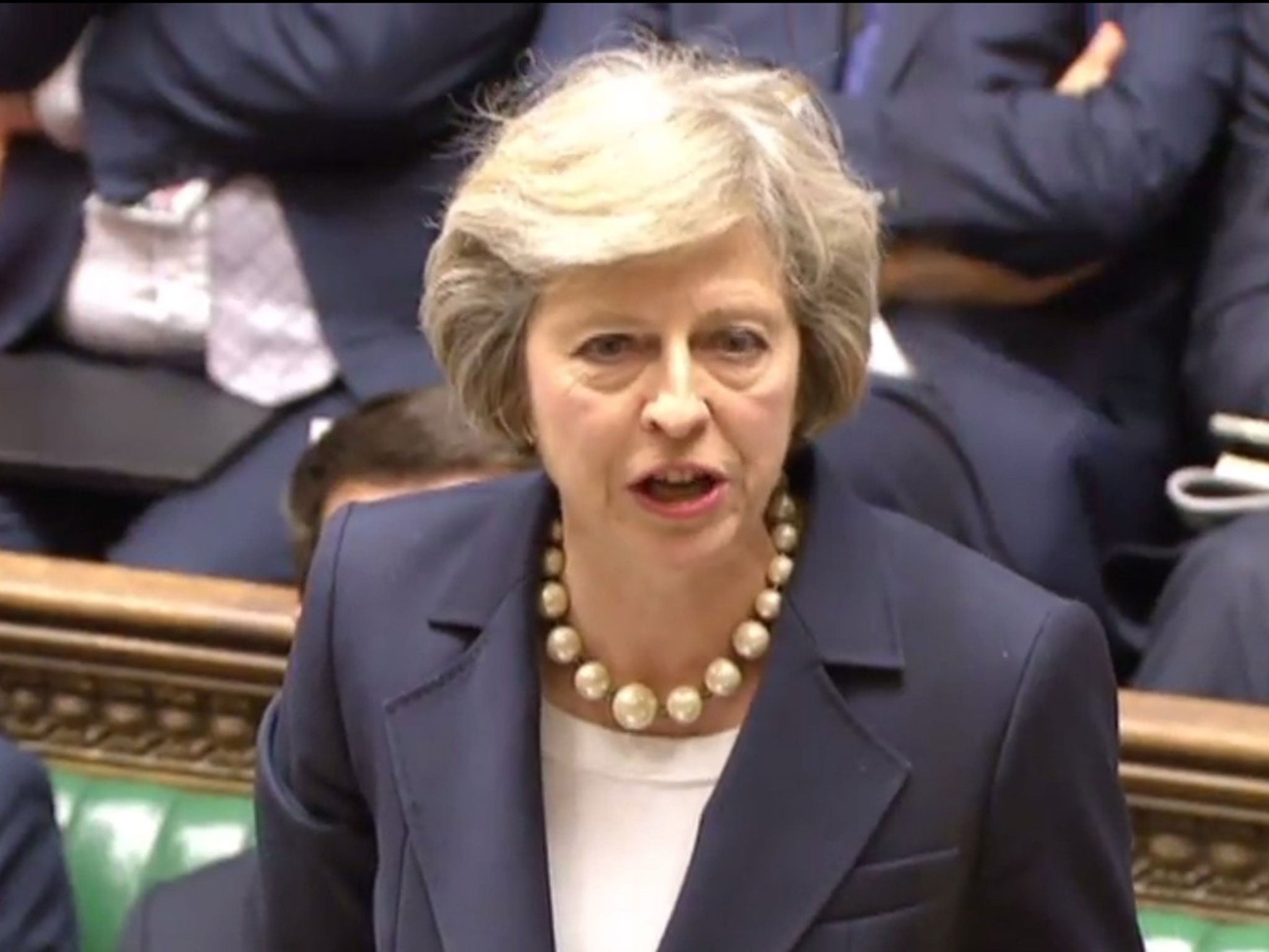 Theresa May speaking during Prime Ministers Questions at the House of Commons in London