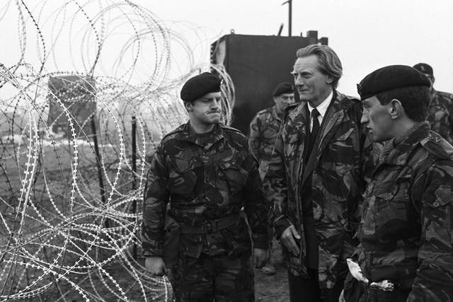 British Minister of Defence Michael Heseltine touring RAF Molesworth in Cambridgeshire, England on February 06, 1985. The night before a large number of soldiers and police had been called in to disband an anti-nuclear peace camp on the site