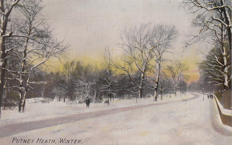 Postcard of Putney Heath during winter used as a Christmas card, December 1907