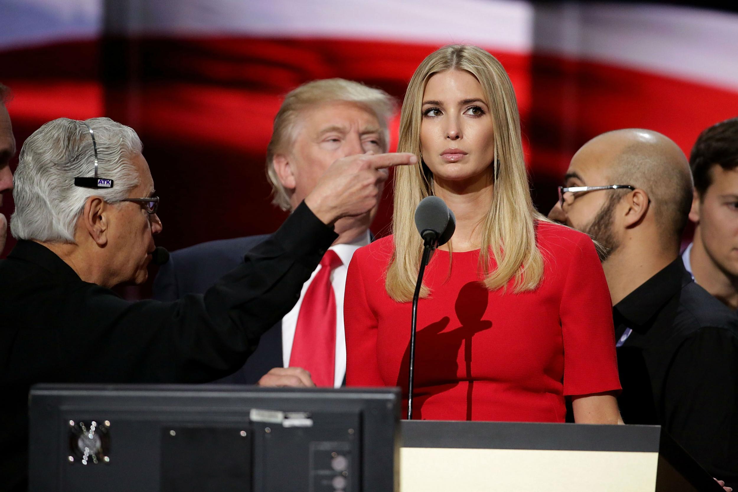 Trump accompanied by Ivanka inspects the arena stage before his address