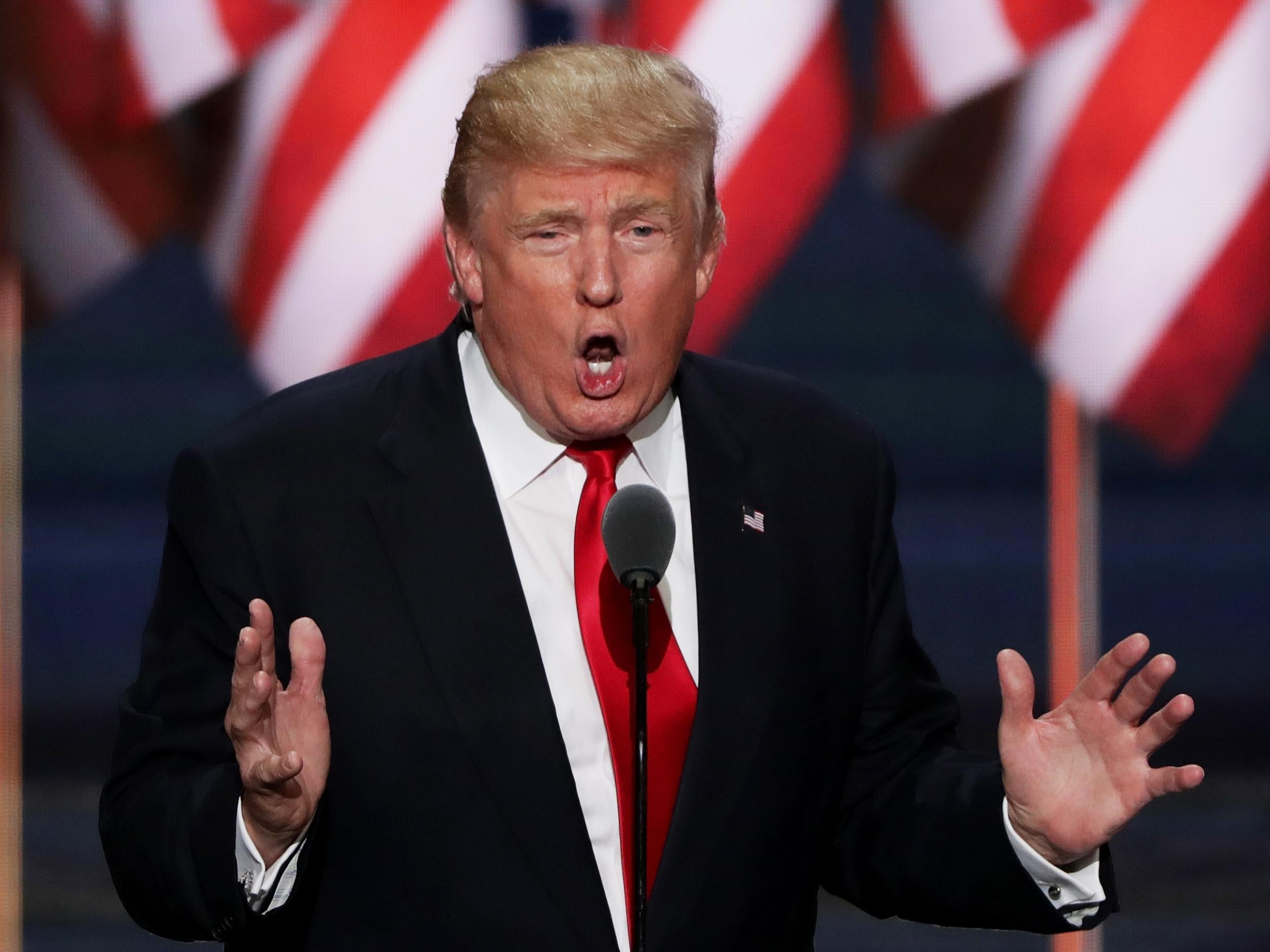 Republican presidential candidate Donald Trump delivers a speech during the evening session on the fourth day of the Republican National Convention