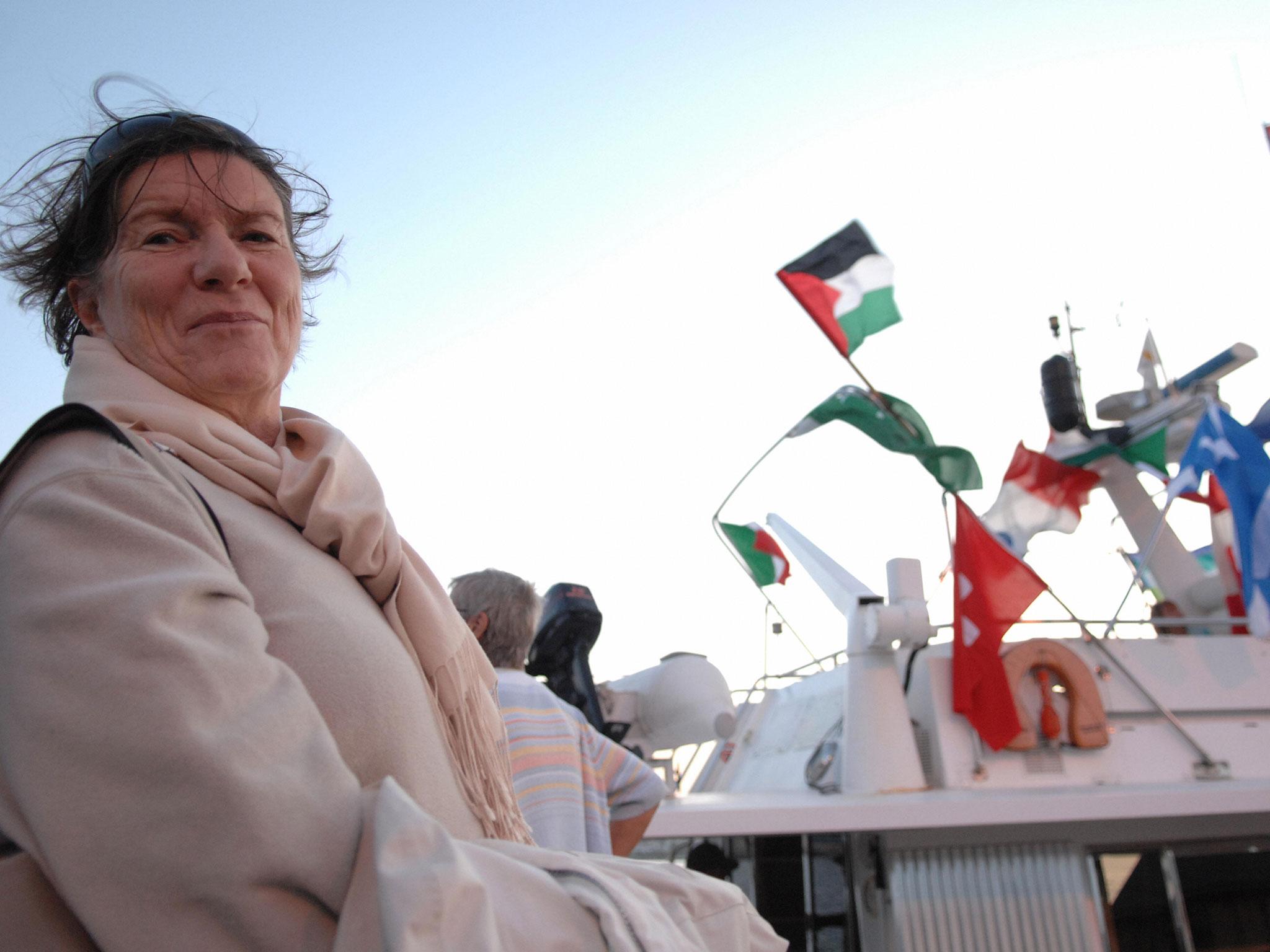 ormer member of the British parliament Baroness Jeniffer Tonge stands in front of the boat 'Dignity' as he gets ready along with other peace activists and European politicians to sail out from the southern Cypriot port of Larnaca to the Gaza Strip on 7 November, 2008