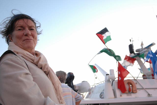 ormer member of the British parliament Baroness Jeniffer Tonge stands in front of the boat 'Dignity' as he gets ready along with other peace activists and European politicians to sail out from the southern Cypriot port of Larnaca to the Gaza Strip on 7 November, 2008