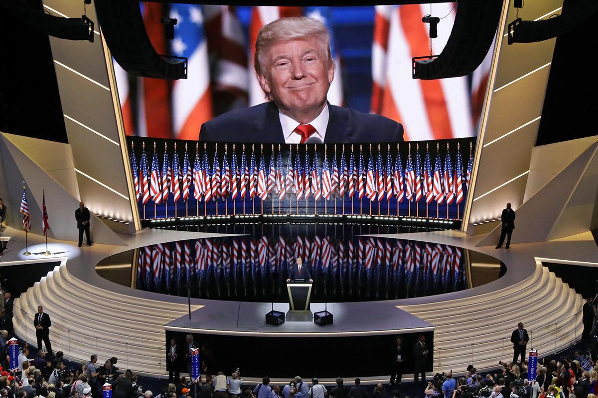 Donald Trump addresses delegates during the final day session of the Republican National Convention