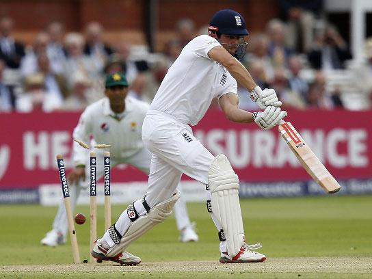 &#13;
Alastair Cook is bowled by Mohammad Amir after making a century on the first day of the second Test (Getty)&#13;