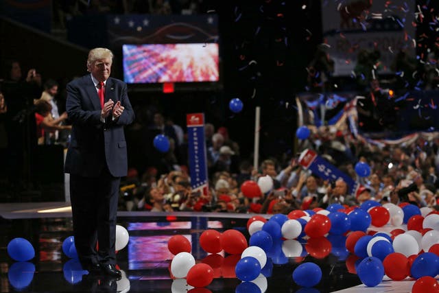 Donald Trump on stage at the GOP convention in Cleveland, at the end of his speech accepting the party's presidential nomination