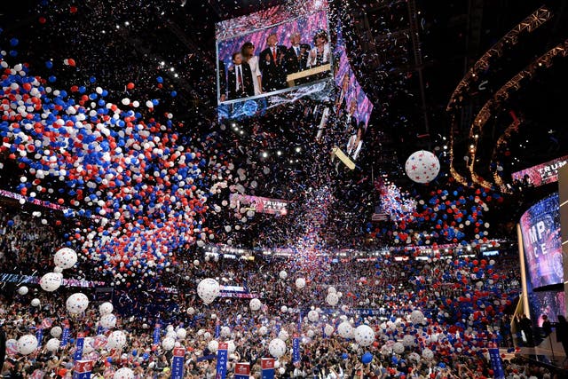 Balloons fall at the end of Donald Trump’s acceptance speech